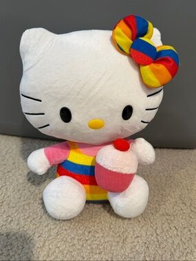 Hello Kitty Rainbow Bow Plush Toy with Cupcake